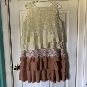 Women’s Sleeveless Lace and Ruffle Layered Dress Ivory & Taupe Size XL